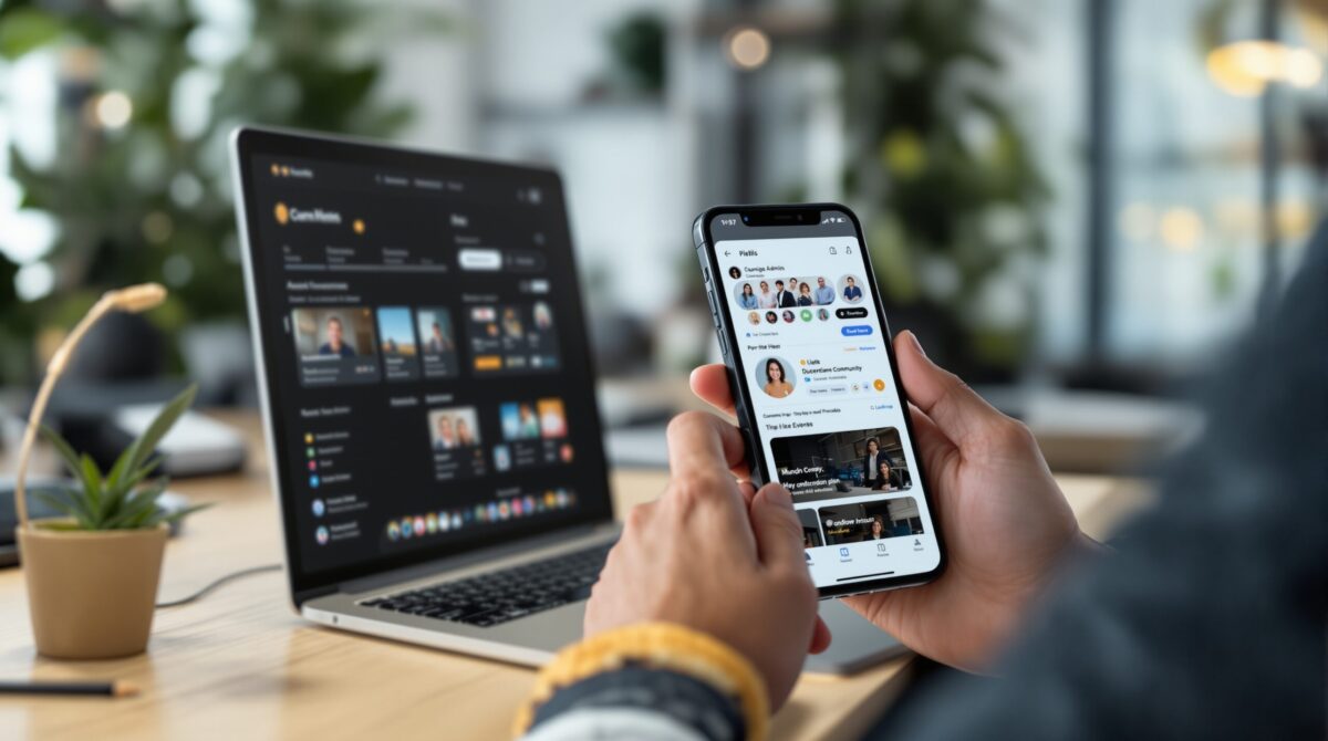Mobile app view for a private online community with member access and content feed