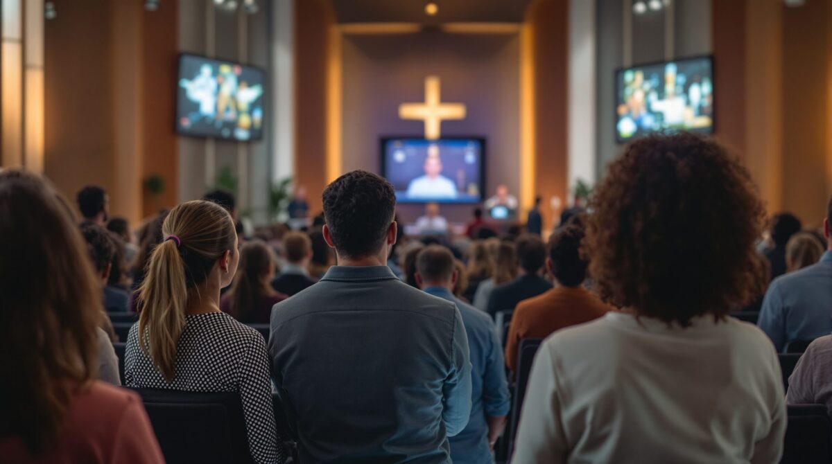 Congregation gathered in worship inside a modern church sanctuary