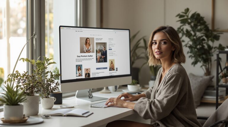 Author website planning concept with a writer in a bright home studio and a clean book-focused website on screen